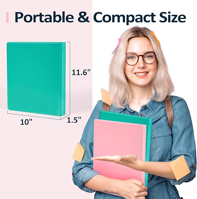 BinderX Extra Durable 1.5 Ring Binder, Round Ring 1.5 Inch Binders, Fits 325 Sheets of 8.5x11 Paper, Customizable View Cover with Inside Pockets, Cute 1.5" Binder, School Supplies for Girls, Aqua Blue