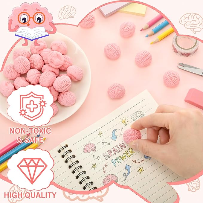 Gilprop 48 Pcs Brain Shaped Erasers Bulk, 1 Inch Mini Halloween Erasers Halloween Party Favors Fun Classroom Supplies Cute Novelty Gifts for Students Teacher Must Haves (Pink)