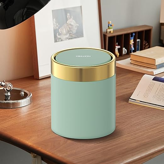 Mini Trash Can with Lid, Desktop Small Trash Can Recycling Bin Cute Metal Garbage Can for Tabletop Countertop Use,Stainless Steel 0.4Gal/1.5L Waste Bin for Office Parlor Car Bedroom,Light Green