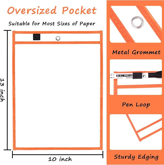Antner 30 Pack Oversized Dry Erase Pockets Sleeves Reusable Ticket Holders, Clear Plastic Sheet Page Protectors, Heavy Duty Work Pockets School Teacher Classroom Office Organization Supplies, 10 Color