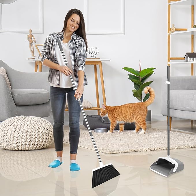 NACENA Broom and Dustpan Set, 52-in Long Adjustable Handle Broom Dustpan Combo with Dustpan Teeth to Automatically Clean Hair Suitable for Home Kitchen Office Hall Floor(Grey&White)