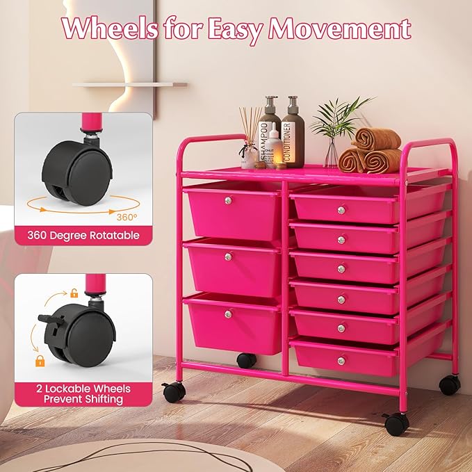 LDAILY 9 Drawer Rolling Storage Cart, Rolling Cart with Drawers for Classroom, Art Supply Craft Organizer on Wheel with Metal Frame & Handles for Home Office School