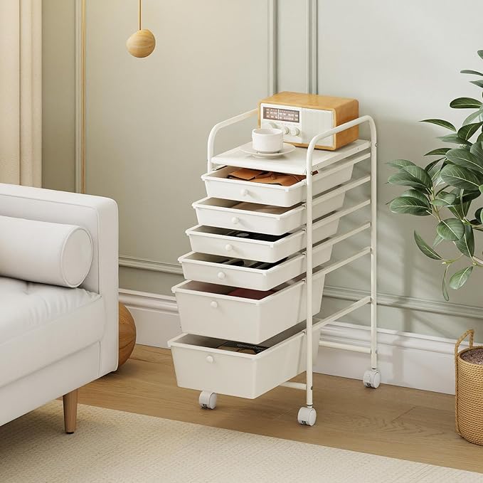 RELAX4LIFE 6-Drawer Rolling Storage Cart - Classroom Organization on Wheels w/Removable Plastic Drawers, Mobile Art Craft Cart for School Paper Home Office, Utility Cart with Drawers (White)