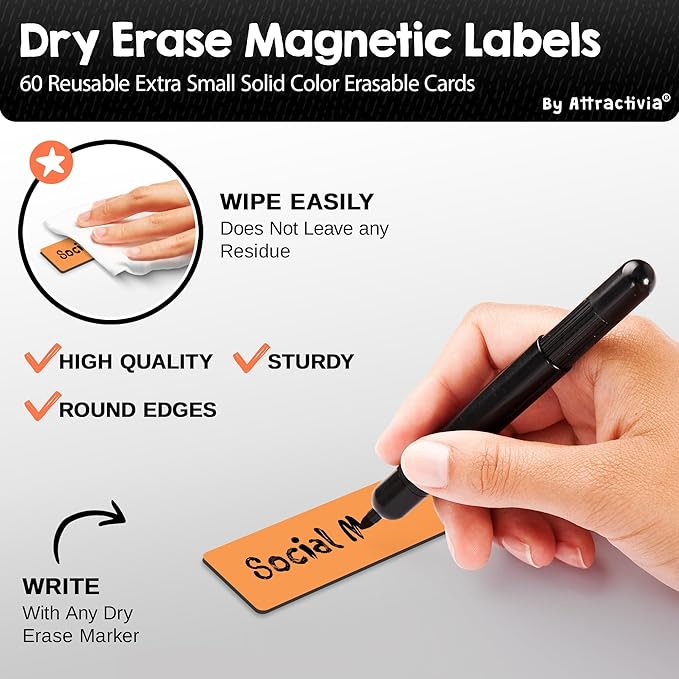 Attractivia Dry Erase Magnetic Labels 2.8 x 1.2 in, Solid Colors, Dry Erase Magnets, 60-Pack, Colored Erasable Write-On All-Purpose Labels, for Office, Education, Home, Whiteboard