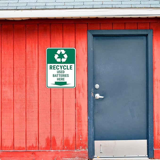 Portrait Round Plus Recycle Used Batteries Here Door or Wall Sign | Health & Safety Signage - Medium