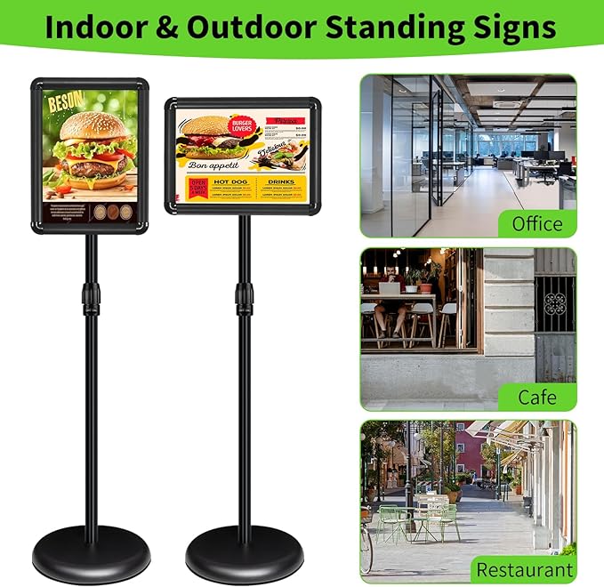INNOVSIGN Adjustable Pedestal Sign Holder Stand 8.5''x11'', Floor Standing Poster Sign Stand, Aluminum Frame for Vertical/Horizontal View Sign Stand,Outdoor/Indoor Standing Sign Holders(Black, Round)