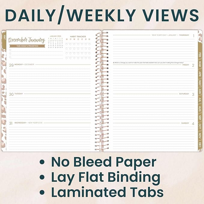 bloom daily planners 2026 Planner (January to December) - 8.5” x 11” Weekly & Monthly Dated Agenda Organizer Book with Stickers & Tabs - Flexible Soft Cover - Tan Leopard