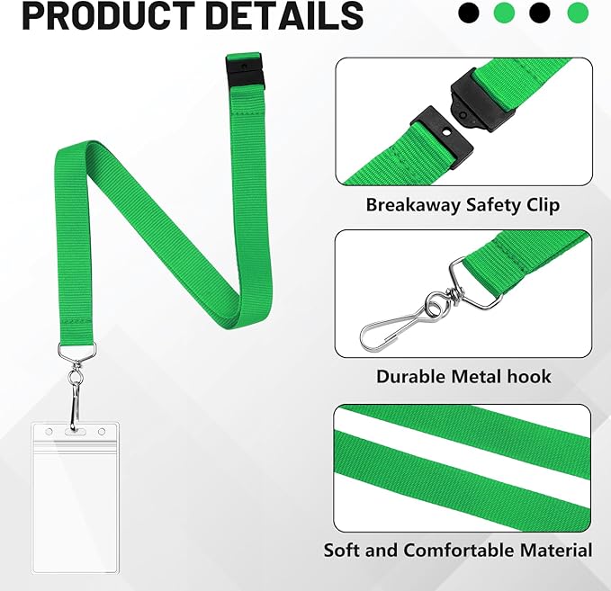 24-Pack Green Breakaway Lanyards with Waterproof Badge Holders, Polyester Neck Straps for ID Cards, Events, Office, and Schools
