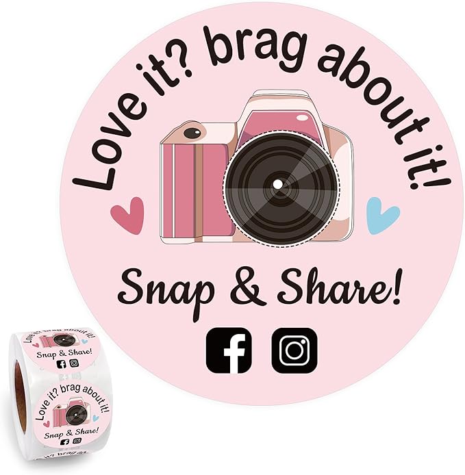500 Love It Brag About It Snap Share Stickers - Pink Review, Boutique Packaging Handmade, Small Business Must Haves Social Media Roll