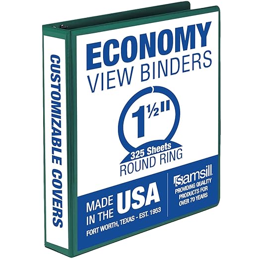 Samsill 1.5 Inch 3 Ring Binder, Made in USA, Economy Round Ring, Clear View Cover, 325 Sheet Capacity - for School, Home, Office - Forsest Green