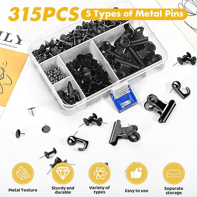 GOOLADA 315Pcs Decorative Push Pins,5 Style Cork Board Pins, Black Metal Push Pins, Push Pin Clips for Bulletin Board, Cute Thumb Tacks, Black Office Supplies for School and Home