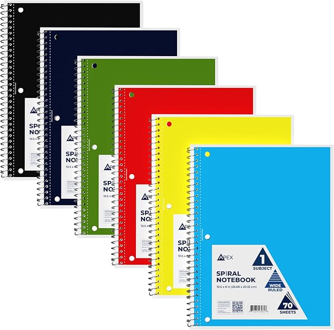 E-CLIPS USA Spiral Notebook, Wide Ruled Notebooks (6 Pack), 70 Sheets, Single Subject, Notebooks Bulk, 6 Color Assortment, 3 Hole Perforated Sheets (6, Wide Ruled)