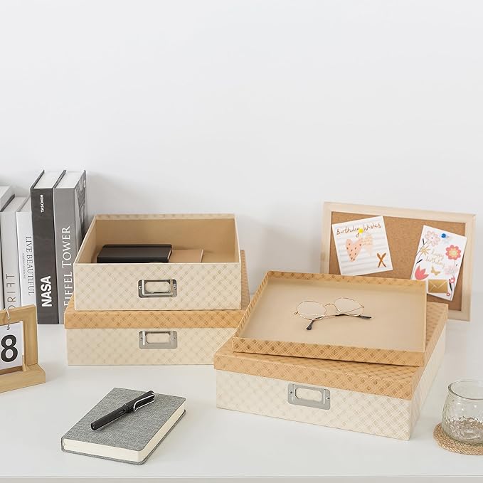 Soul & Lane Decorative Storage Boxes with Lids for Organizing, Set of 3 Jumbo Scrapbook Letter Storage Boxes for Documents, Photos, Keepsakes, Memories, Geometric Check