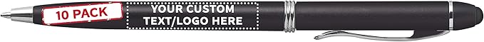 DISCOUNT PROMOS Custom Twist Action Plastic Stylus Pens, Set of 10, Personalized Bulk Pack - Pens for Work, Cool Pens for Writing, Black Ink - Black