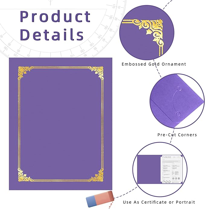 HAUTOCO 50 Packs Certificate Holders, Purple Diploma Holders, Document Award Covers Certificate Folders with Gold Foil Border for 8.5x11 Letter Size