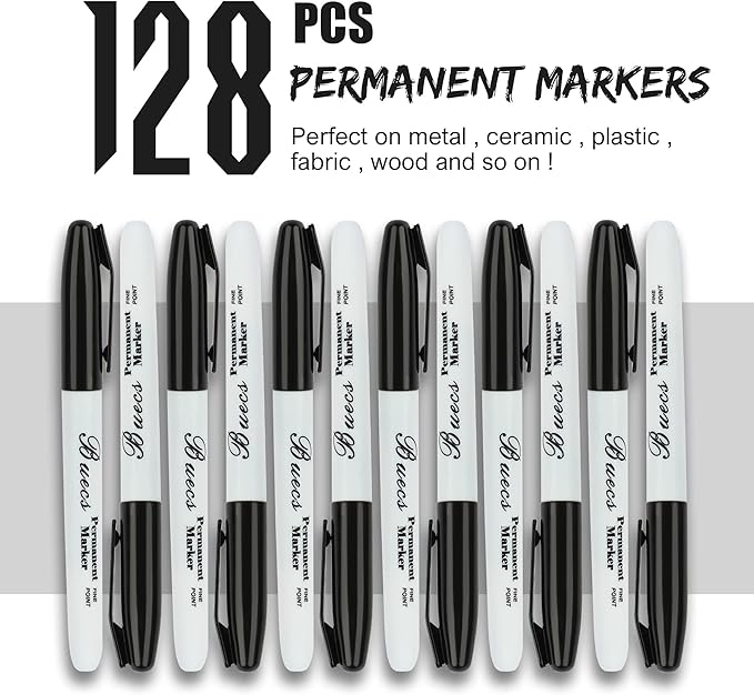 Buecs Permanent Markers, 128 Count Black Permanent Markers, Fine Point, Waterproof & Smear Proof Markers, Quick Drying, Office Supplies for School, Office, Home
