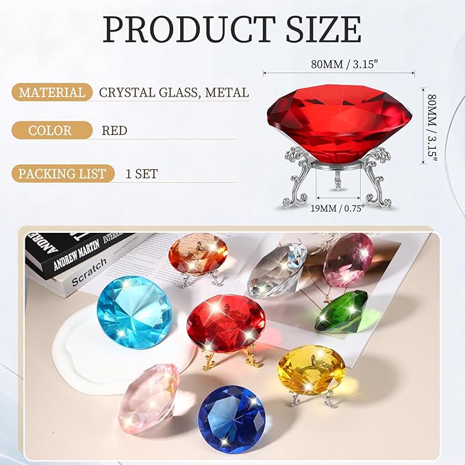PATIKIL Diamond Crystal Paperweight, 80mm / 3.15" Crystal Paperweight Paper Weight with Silver 19 Metal Base for Home Office Desktop Table Decor Wedding Party Ornaments, Red