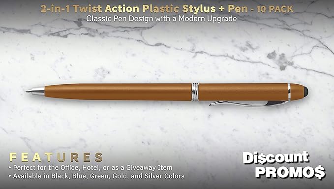 DISCOUNT PROMOS Twist Action Plastic Stylus Pens, Set of 10, Bulk Pack - Pens for Work, Cool Pens for Writing, Black Ink - Gold