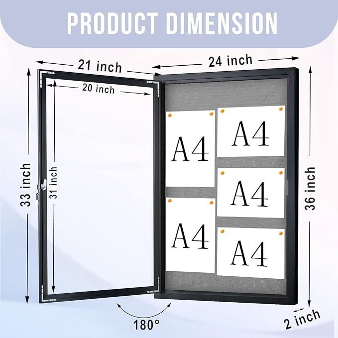 Homezelle Enclosed Bulletin Board 36"x24" Outdoor Weatherproof Cork Noticeboard with Locking Door Wall-Mounted Gray Fabric Black Aluminium Frame for Home, School, Office, Community, Hospital