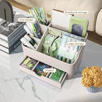 KINGFOM PU Leather Desk Organizer with Drawer, 5 Compartments Desktop Storage Caddy for Office & Home Supplies, Pen Holder for Remote Control, Phone & Accessories, Mail Organizer Countertop(Beige)