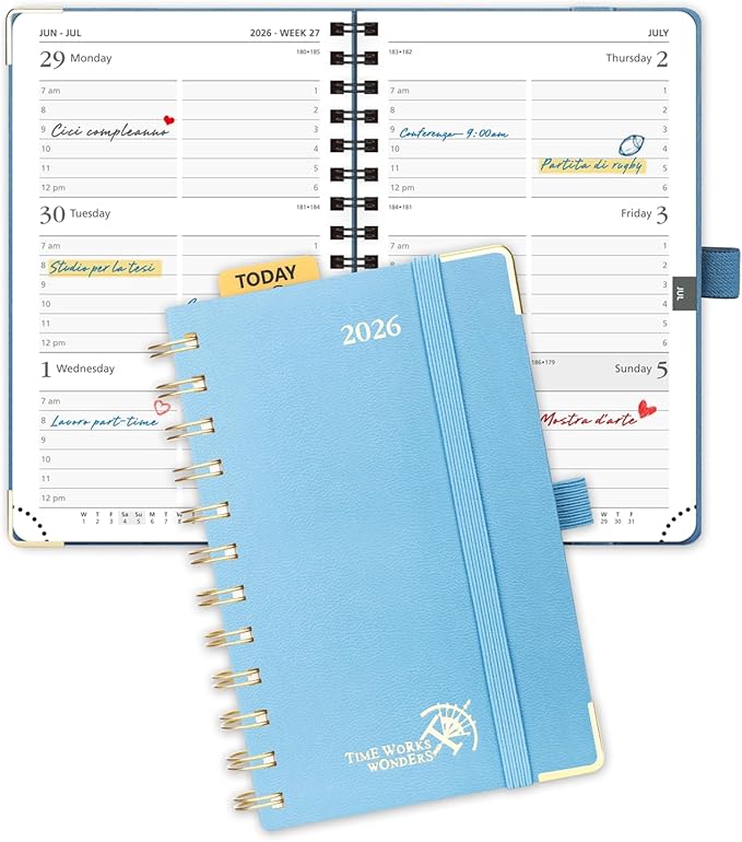 POPRUN 2026 Pocket Planner with Hourly Time Slots for Purse, (Small Size-4'' x 6.25'') - Daily Weekly and Monthly Calendar Agenda 2026 Appointment Book with Inner Pocket, 100 GSM - Haze Blue