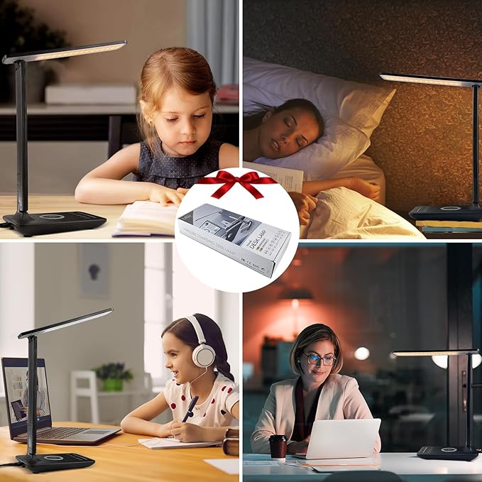 snsok Desk Lamp, Desk Light with Wireless Charger, USB Charging Port, Dimmable Office Desk Lamp with Clock, Alarm, Date, Temperature, Foldable Table Lamp for Table Bedroom Bedside Office (Black PRO)