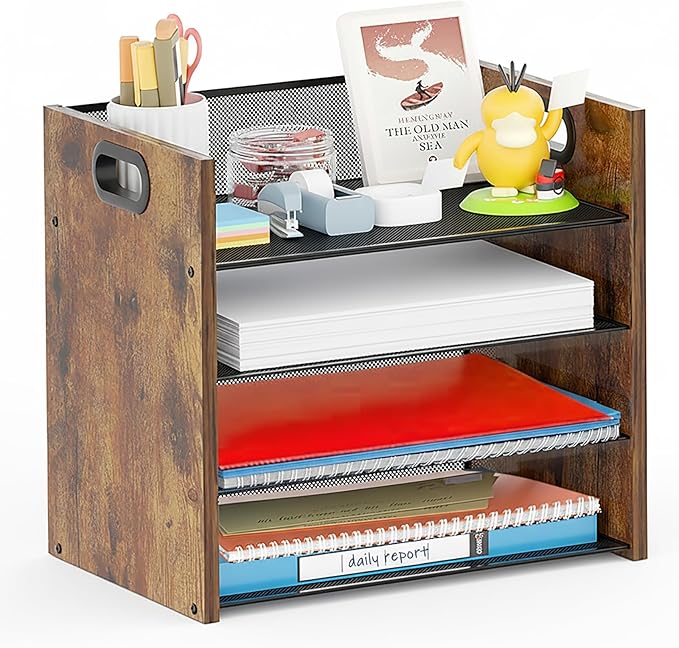 Boershun Wood Desk Organizer - 4-Tier Desktop File Organizer, Wooden Paper Organizer, Office Desk Organization for Accessories, Papers, Mail, Notebooks, Stationery