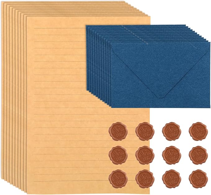 54 Pack Stationery Letter and Envelopes,Stationary Set Includ 30 Letter Paper 12 Envelopes and 12 Wax Seal Stickers for Love Letters,Party Invitations,Greeting Cards(Blue)