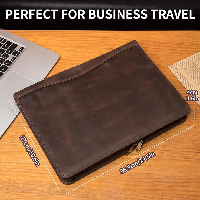 Geslun Genuine Leather Portfolio, Legal Size 8.5 x 14 Pad Holder, Business Padfolio for Men and Women, Zippered 14" Laptop Organizer, Executive Professional Work Travel Notepad Folio, Dark Khaki