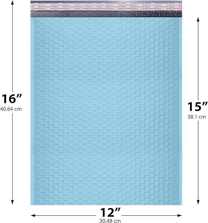 Light Blue Large Poly Bubble Mailers 12x15 inch | Self Seal Padded Envelopes Cushioned Bubble Mailer | Usable Size 12x15 | WaterProof | Lightweight mailing Shipping Bags | 50 Pack Bulk