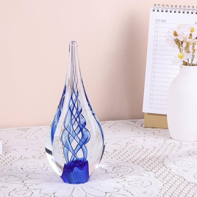 9" Tall Sculpture Hand Blown Glass Decor, Paperweight for Office Desk, Modern Glass Art Figurines Mediterranean Beach House Decor, Living Room Coffee Shelves Table Top Decoration (Swirl Blue)