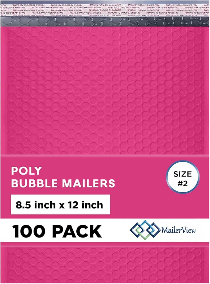 Hot Pink Poly Bubble Mailers 8.5x12 inch #2 | Self Seal Padded Envelopes | Cushioned Bubble Mailer | Usable Size 8.5x11 | WaterProof | Lightweight mailing Shipping Bags | 100 Pack Bulk