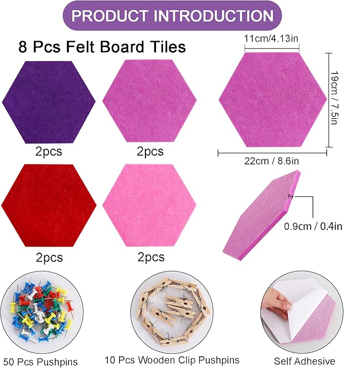 Vuzvuv 8 Pcs Hexagon Bulletin Board with 50 Pushpins & 10 Wooden Clip Pins Adhesive Cork Board for Wall，Felt Pin Board for School，Office Decor（Deep Purple）