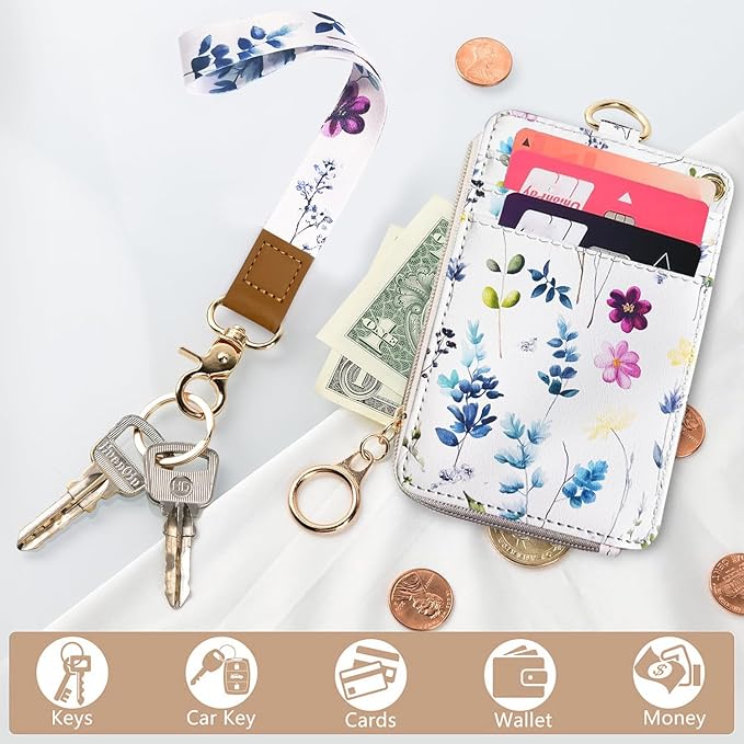 bolimoss 2-in-1 ID Badge Holder & Lanyard Wallet for Womens Cute Floral Zipper Wallet with Removable Wrist & Neck Lanyard, Clear Window, 5 Card Slots, Ring Keychain for Worker Teacher Nurse Couriers