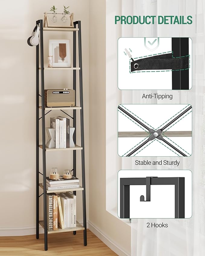 Hzuaneri Ladder Shelf, Bookshelf Bookcase, Freestanding Corner Storage Shelve with 2 Hooks for Home Office, Living Room, Kitchen, Bedroom, Industrial, 11.8" D x 13.4" W x 72.8" H, Greige BC13305B