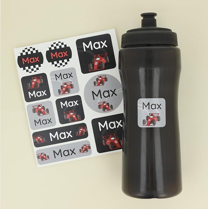 Large Name Labels for Kids (33) - Custom Stickers for Daycare and School Supplies - Durable, Waterproof Stickers for Water Bottles, Lunch Boxes, and More with Unique Designs - Race Car