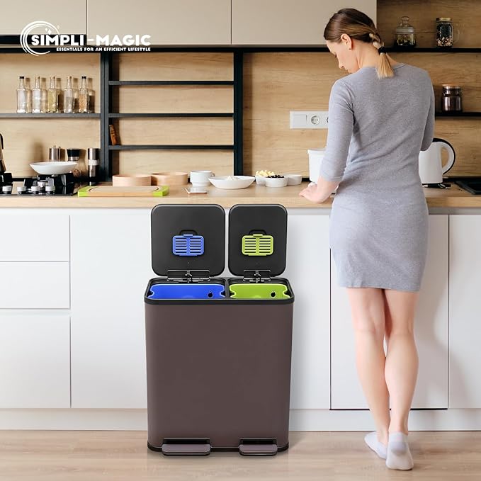 70 Liter / 18.5 Gallon Rectangular Hands-Free Dual Compartment Recycling Kitchen Step Trash Can with Soft-Close Single Lid, Stainless Steel (40L x 30L Capacity), Brown