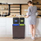 70 Liter / 18.5 Gallon Rectangular Hands-Free Dual Compartment Recycling Kitchen Step Trash Can with Soft-Close Single Lid, Stainless Steel (40L x 30L Capacity), Brown
