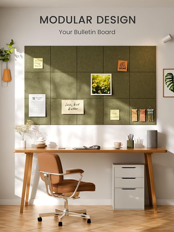 Bumusty Large Cork Board 36"x24" Alternative - 6 Pack Felt Wall Tiles with 40 Safe Removable Adhesive Tabs, 30 Pushpins, Cork Boards for Walls Pin Board Bulletin Board Office Decor (Olive Green)