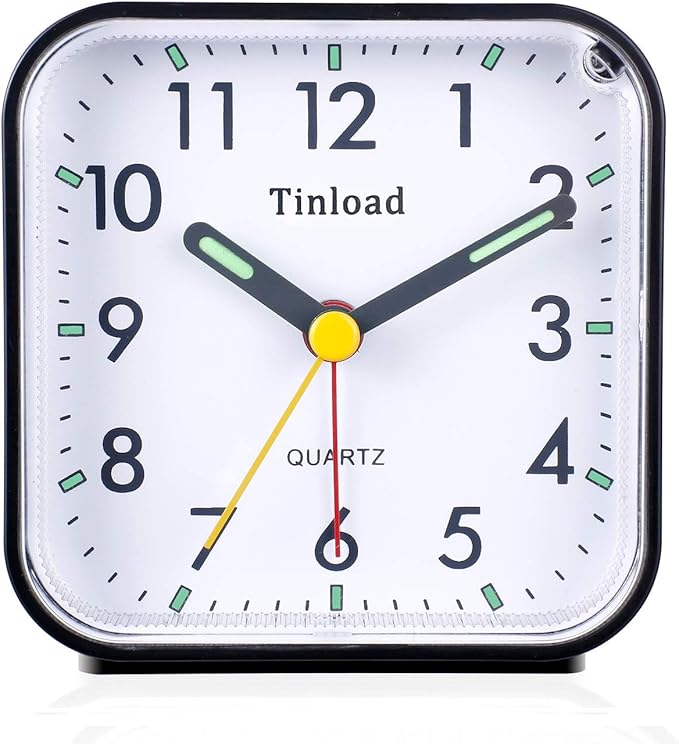 Tinload Small Battery Operated Analog Travel Alarm Clock Silent Non Ticking, Gentle Wake, Ascending Beep Sounds, Snooze,Lighted on Demand, Easy Set(Black)