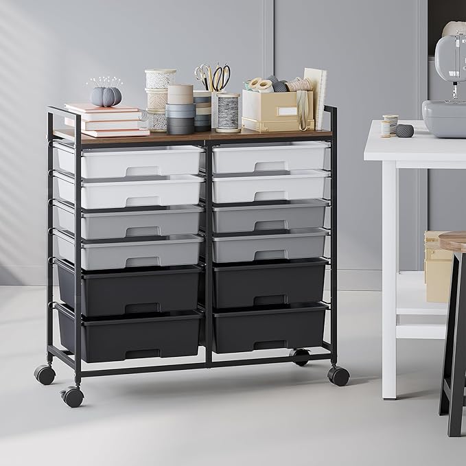 Rolling Storage Cart with 12 Drawers, Wooden Tabletop Utility Cart for Craft Storage, Art Supply Storage & Home Office Organization, Teacher Cart with Wheels for Classroom Organization, School (Grey)