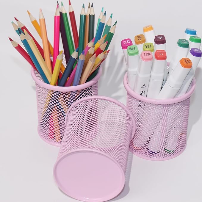 SNOW COOLER Pen Holder Mesh Pencil Holder Metal Pen Holder Cup Pencil Cup Holder for Desk Office Pen Organizer PINK, 4 Pack
