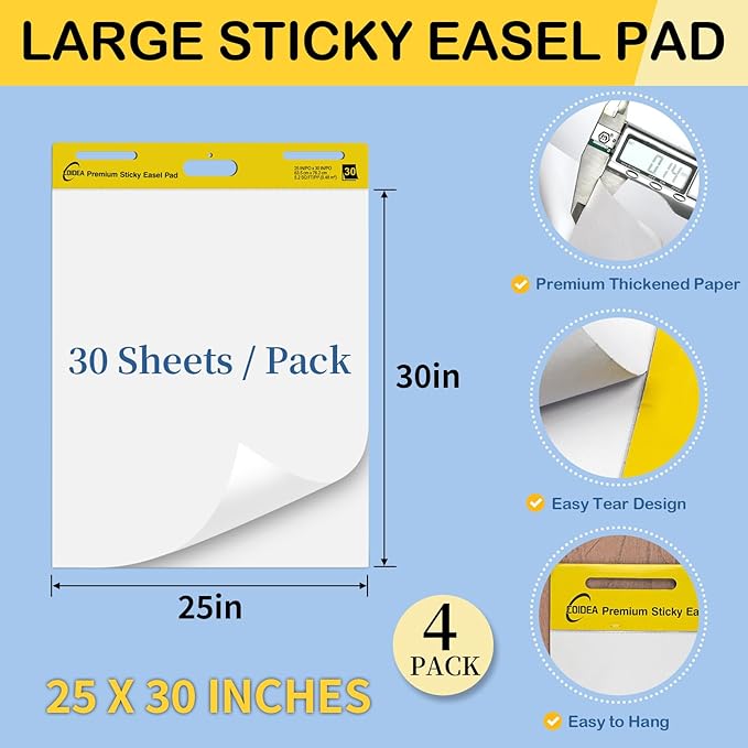 COIDEA Sticky Easel Pad, 25 in x 30 in, Large Sticky Notes for Wall, Super Sticky Easel Paper, Self Stick Flip Chart Paper for Teachers and Office, White, 30 Sheets/Pad, 4 Pad Total