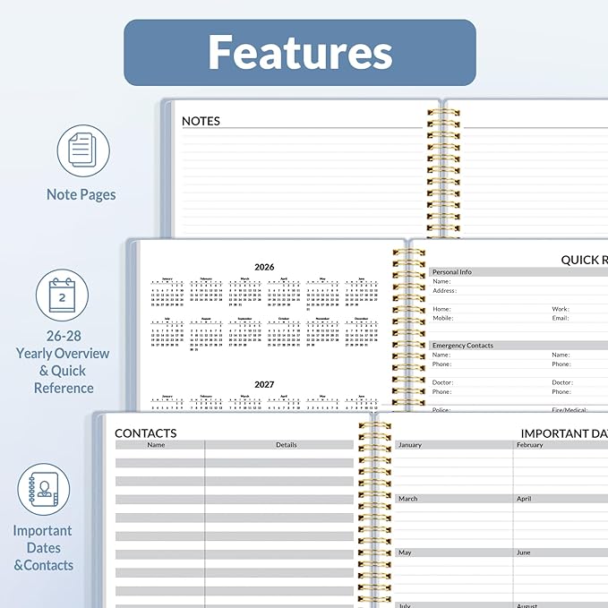 SUNEE 2026 Weekly and Monthly Planner - from January 2026 - December 2026, Daily Agenda Planner with Monthly Tab, Flexible Cover, Note Pages, Pockets, Bookmark, Spiral Binding, Gray Blue, 6.4" x 8.3"