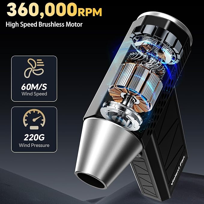 Upgraded Electric Air Duster, 360,000RPM Compressed Air Duster with Brushless Motor, LED Light, Cordless Rechargeable 4-Gear Mini Blower Jet Turbo Fan for Car, Keyboard, PC, Home, Outdoor