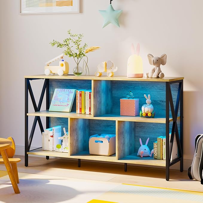 Horizontal Bookshelf,Industrial Modern 5 Cube Low Wide Cubby Bookcase with led Light,Long Wood and Metal Storage Organizer Open Shelf, Short Book Shelf Bedroom Storage for Home Office Living Room(Oak)