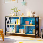 Horizontal Bookshelf,Industrial Modern 5 Cube Low Wide Cubby Bookcase with led Light,Long Wood and Metal Storage Organizer Open Shelf, Short Book Shelf Bedroom Storage for Home Office Living Room(Oak)