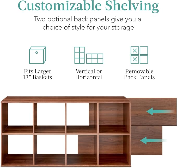 Best Choice Products 8-Cube Storage Organizer, 13.5in Shelf Opening, Bookcase, Display Shelf, Customizable w/ 2 Removable Back Panels – Walnut
