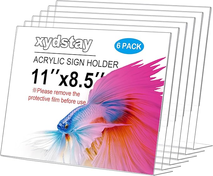 xydstay 6pack Acrylic Sign Holder Horizontal, 8.5x11 for Picture Frames, L Shape Clear Plastic, Plastic Sign Holder, Table Sign Holder, Unbreakable Menu Holder for Restaurant, Office, School, Store and Home Use