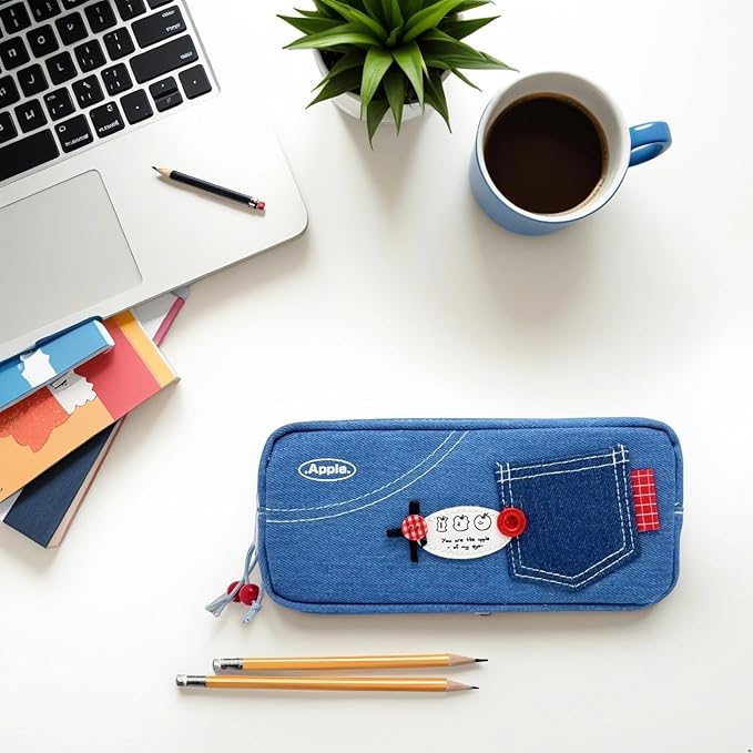 Haumei Canvas Pencil Case Large Capacity, Big Denim Pen Pouch with Zipper, Cute Durable Portable Stationary Storage Bag Organizer for Adults Women, Light Blue, Button
